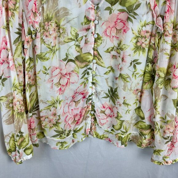 J Jill Floral Ruffle Trim Blouse Women Large Petite White Pink Green Cottagecore - Picture 8 of 11